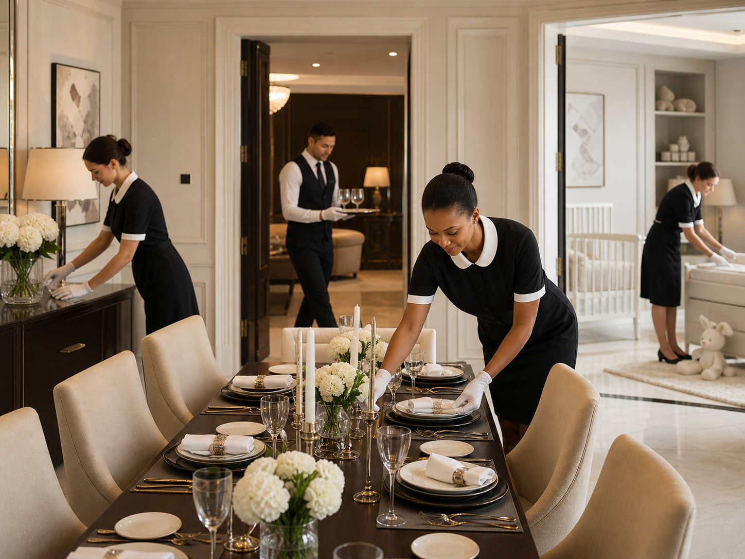 Professional household service team in a private residence